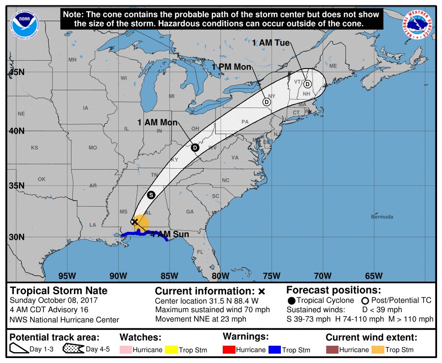Nate se degrada a tormenta tropical, en su avance hacia el interior de Mississippi rumbo a Alabama.