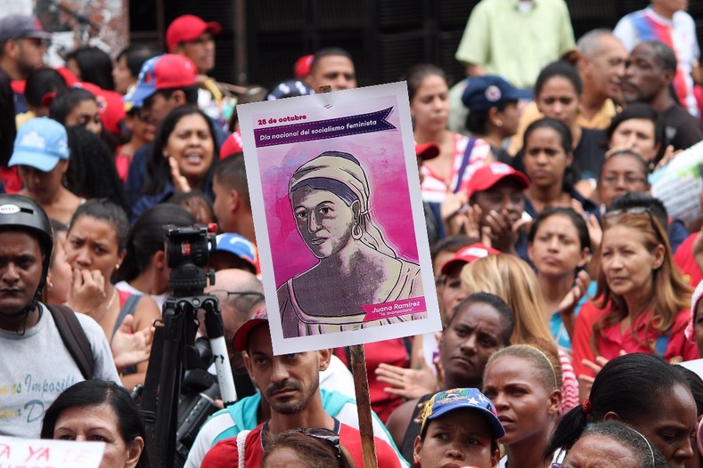 A poster depicting Juana Ramirez, a Venezuelan heroine and commander during the War for Independence.