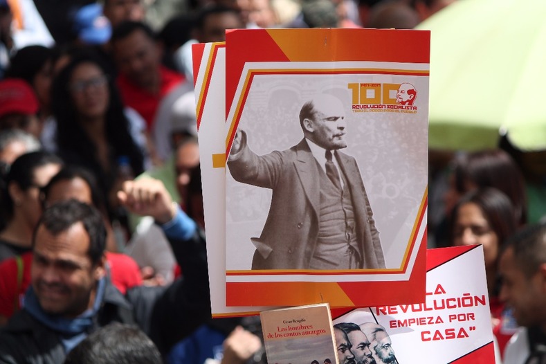 A placard displaying Russian Bolshevik leader, Vladimir Lenin.