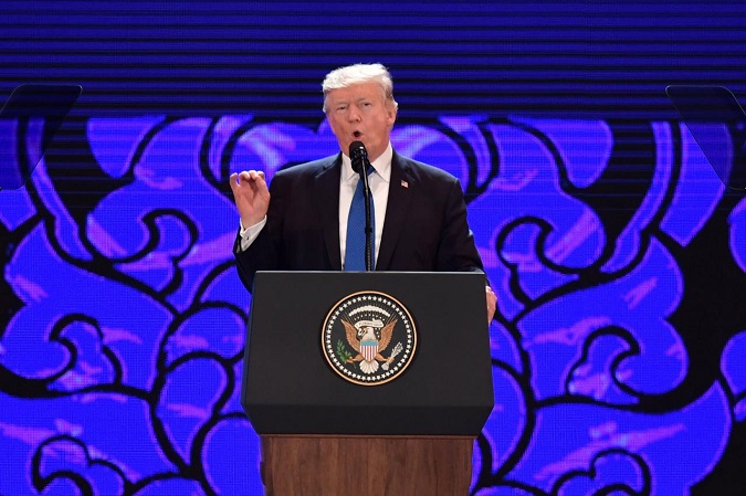 U.S. President Donald Trump speaks on the final day of the APEC CEO Summit, part of the broader Asia-Pacific Economic Cooperation (APEC) leaders' summit, in Danang, Vietnam, November 10, 2017.