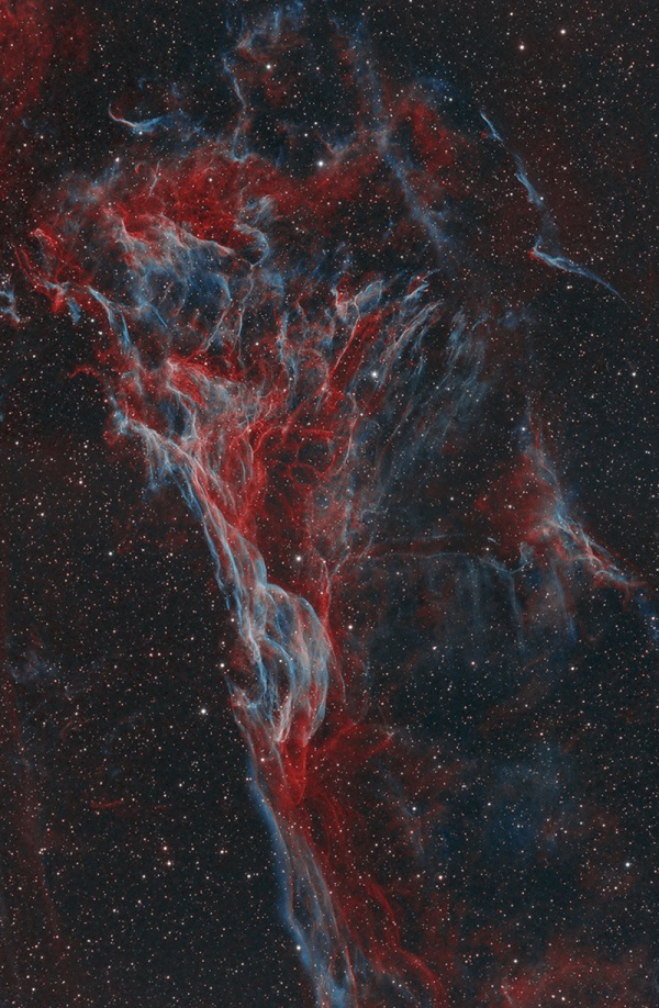 Chaotic in appearance, these tangled filaments of shocked, glowing gas are spread across planet Earth's sky toward the constellation of Cygnus as part of the Veil Nebula.