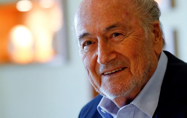Former FIFA President Sepp Blatter smiles during an interview in Switzerland, April 2017.