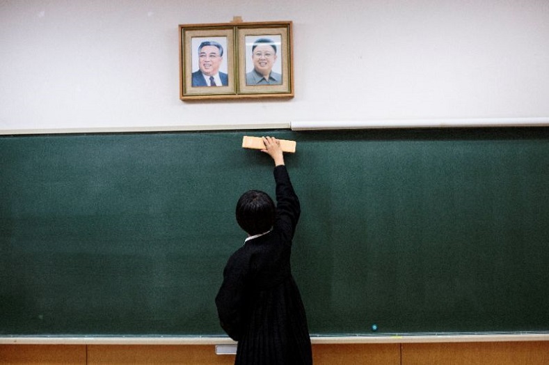 Portraits of North Korea's late leaders hang proudly in the classrooms of the Korean High School in Tokyo.