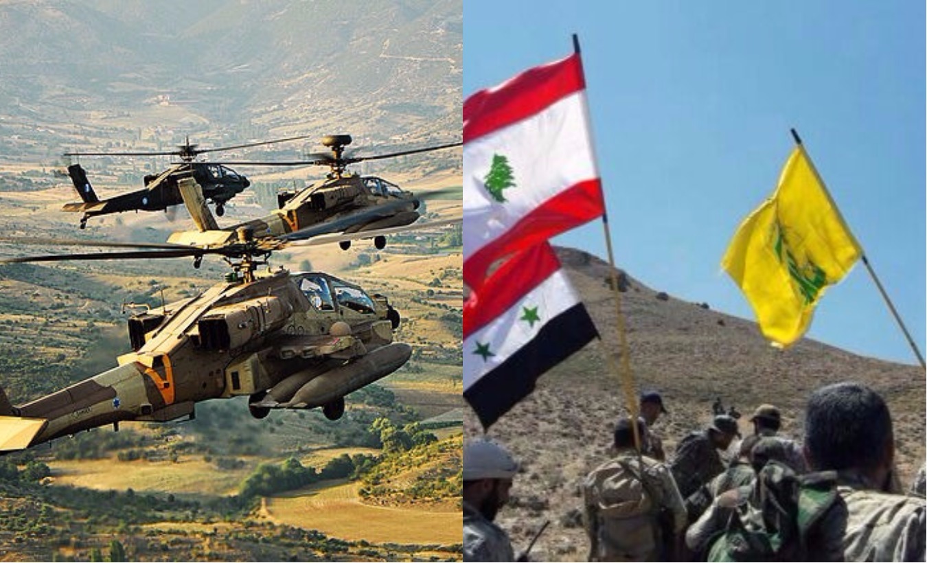Israeli Apache helicopters take part in training exercises (L) and Hezbollah fighters storm a hill alongside Syrian soldiers in a Syrian government photo (R).
