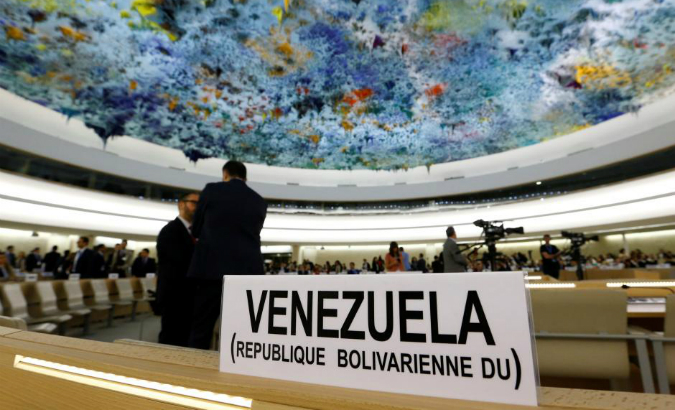 The name place sign of Venezuela is pictured on the country's desk at the 36th Session of the Human Rights Council at the United Nations in Geneva. (FILE)