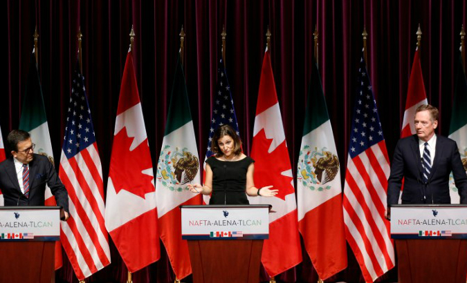 Mexico's Secretary of Economy Ildefonso Guajardo Villarreal (L), Canada's Minister of Foreign Affairs Chrystia Freeland (C) and United States Trade Representative Robert E. Lighthizer (R).
