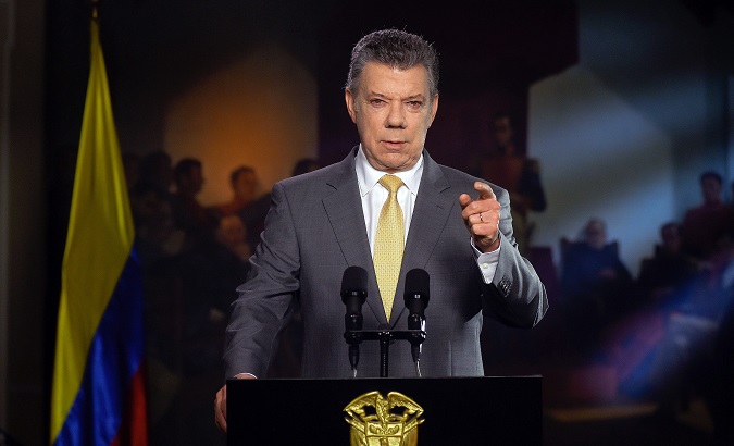 Colombian President Juan Manuel Santos during a press conference to announce the approval of the peace jurisdiction.