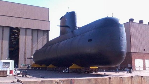 The ARA San Juan submarine during repair work.