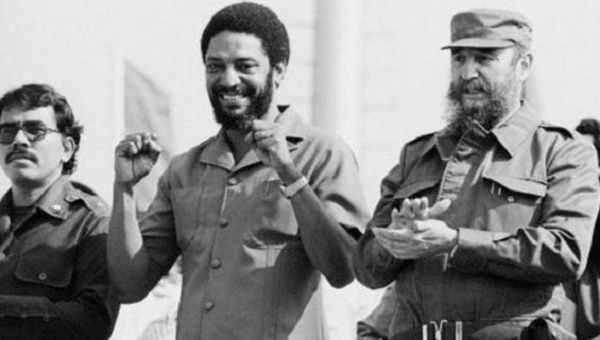 Grenada's Maurice Bishop (C) with Daniel Ortega from Nicaragua and Cuba's Fidel Castro.