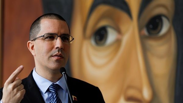 Venezuela's Foreign Affairs Minister Jorge Arreaza addresses the media during a news conference in Caracas.