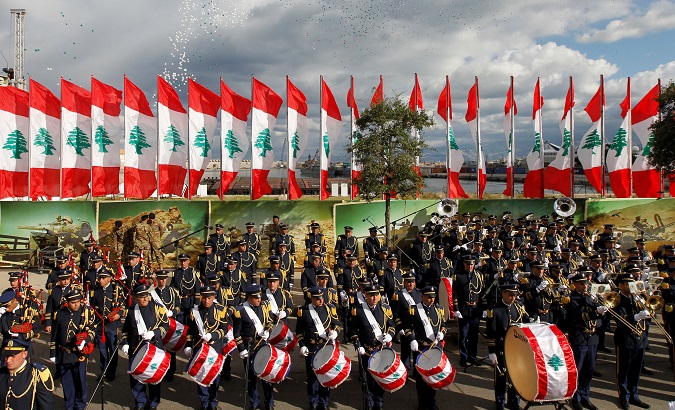 Lebanese band members take part in a military parade to celebrate the 74th anniversary of Lebanon's independence in downtown Beirut.