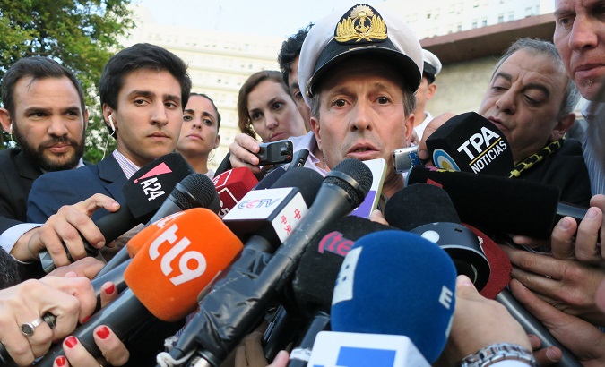 Argentine Navy spokesman Enrique Balbi speaks to the press.