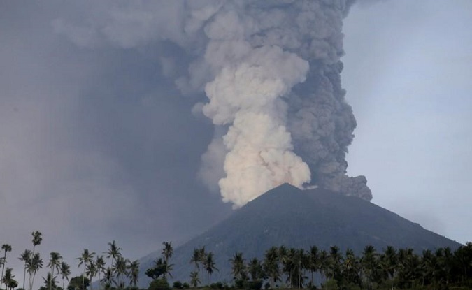 A view of Mount Agung volcano erupting from Culik village in Karangasem, Bali, Indonesia on November 27, 2017.