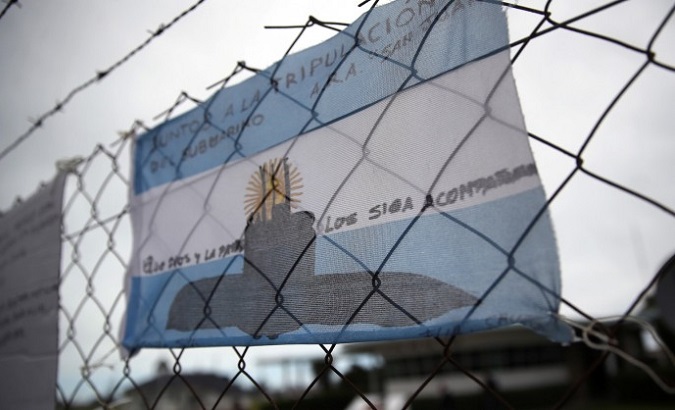 An Argentinian flag with messages in support of the 44 crew members of the missing ARA San Juan submarine at the Mar del Plata naval base.