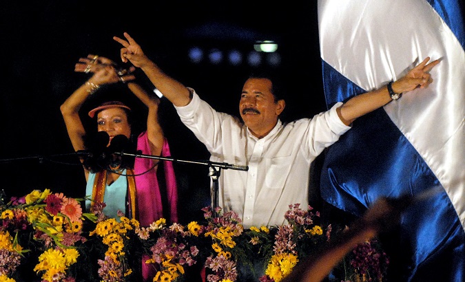 Nicaragua's President, Daniel Ortega (R) and his wife Rosario Murillo celebrate electoral triumph.