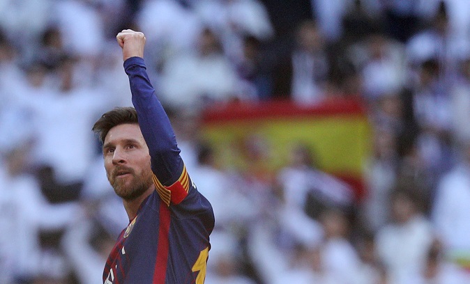 FC Barcelona’s Lionel Messi celebrates at the end of a match.