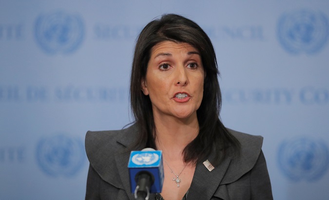 U.S. Ambassador to the U.N. Nikki Haley speaks at U.N. headquarters.