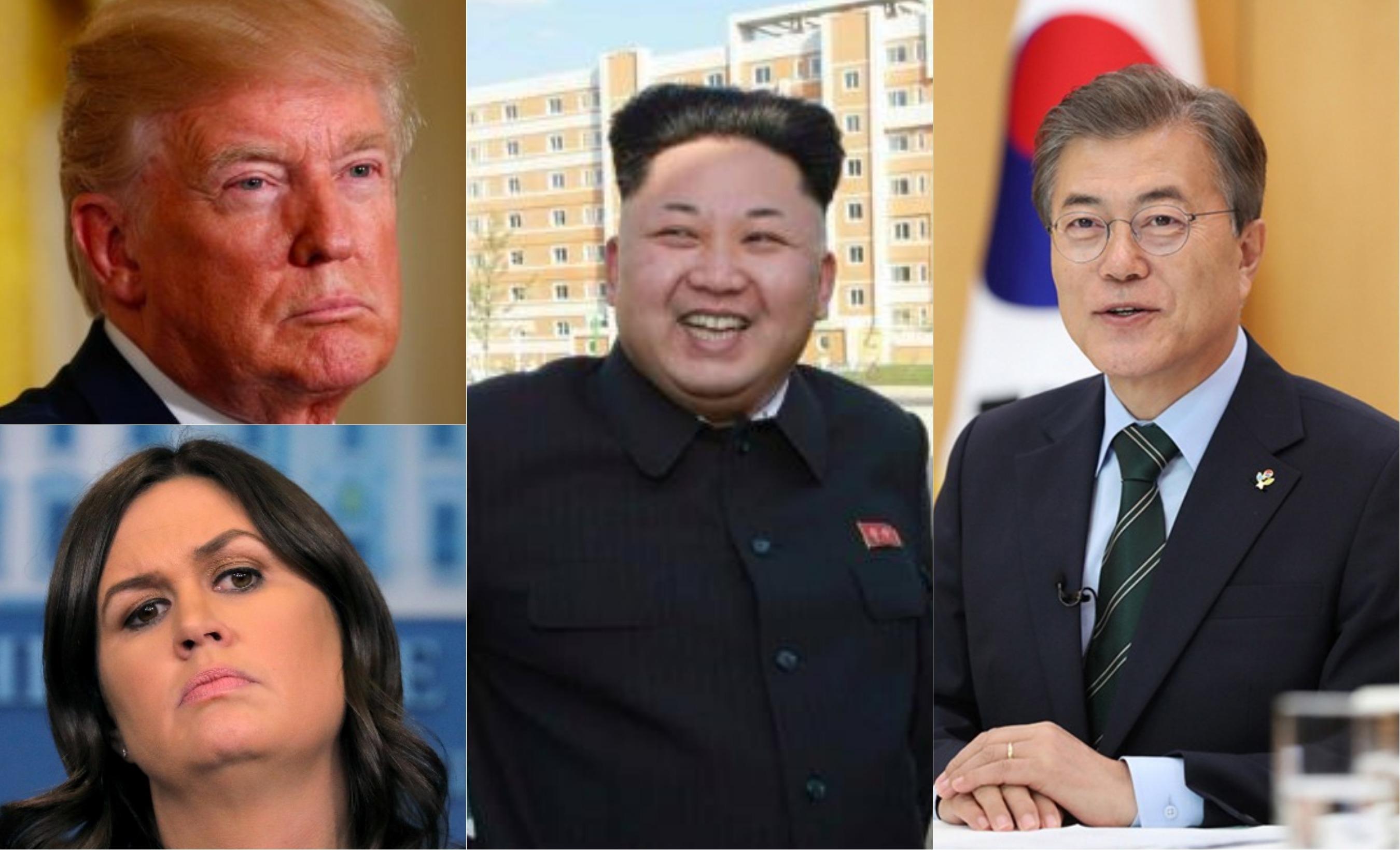 U.S. President Trump and White House Spokeswoman Sarah Sanders (L), North Korean leader Kim (C) and South Korean President MoonIn (R).
