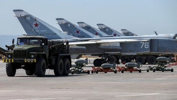 Russian military jets are seen at Hmeymim air base in Syria, June 18, 2016.