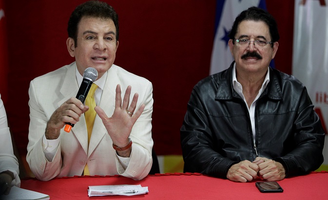 Opposition candidate Salvador Nasralla speaks during a news conference accompanied by former president of Honduras Manuel Zelaya in Tegucigalpa, Honduras January 2, 2018.
