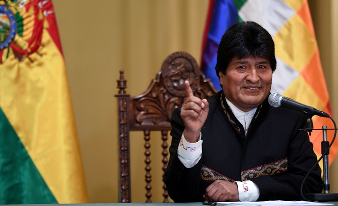 President Evo Morales speaks during a news conference at the presidential palace in La Paz, Bolivia.