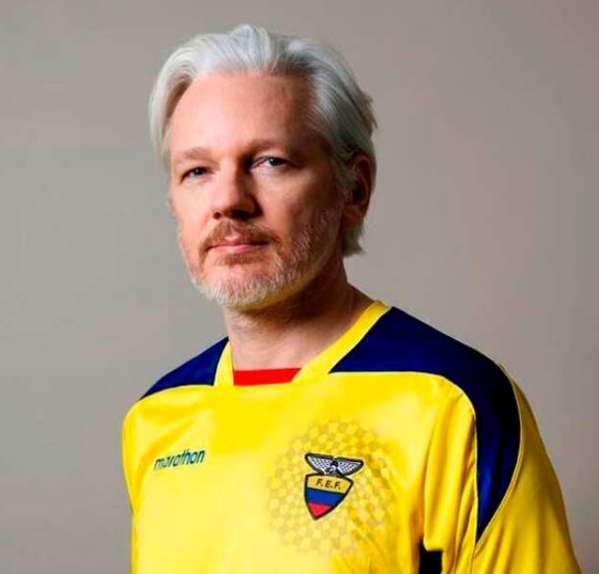 WikiLeaks founder Julian Assange wearing an Ecuadorean soccer jersey in a picture posted on his Twitter account.