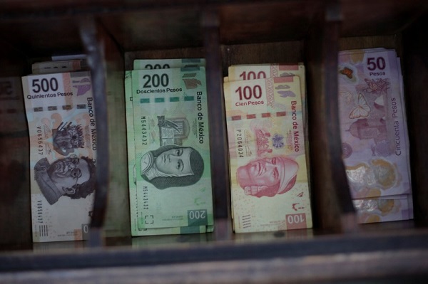 Mexican peso banknotes are pictured at a currency exchange shop in Ciudad Juarez, Mexico.