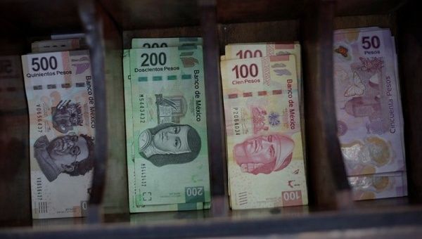 Mexican peso banknotes are pictured at a currency exchange shop in Ciudad Juarez, Mexico.