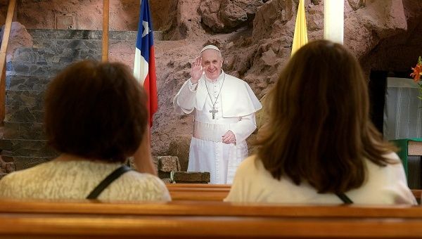 A cut-out of Pope Francis is seen inside a church ahead of the papal visit in Iquique, Chile, January 2018. 