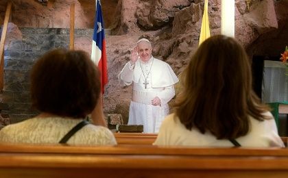 A cut-out of Pope Francis is seen inside a church ahead of the papal visit in Iquique, Chile, January 2018. 