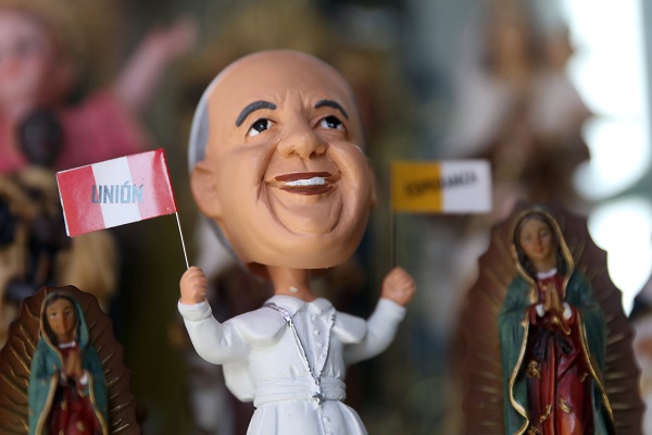 A souvenir of Pope Francis is seen on display in Lima.