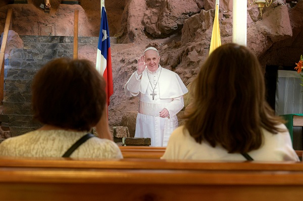A cardboard cut-out of Pope Francis is seen inside a church ahead of the papal visit in Iquique, Chile. 