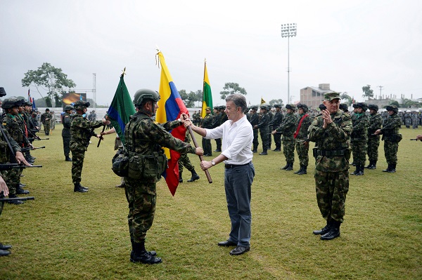 Colombia's President Juan Manuel Santos during the inauguration of a new military unit with over 9,000 members who will battle ELN rebels  in Tumaco.