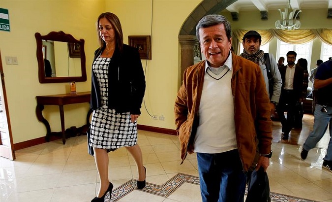 ELN's lead negotiator leaves press conference held in Quito, Ecuador on Wednesday.