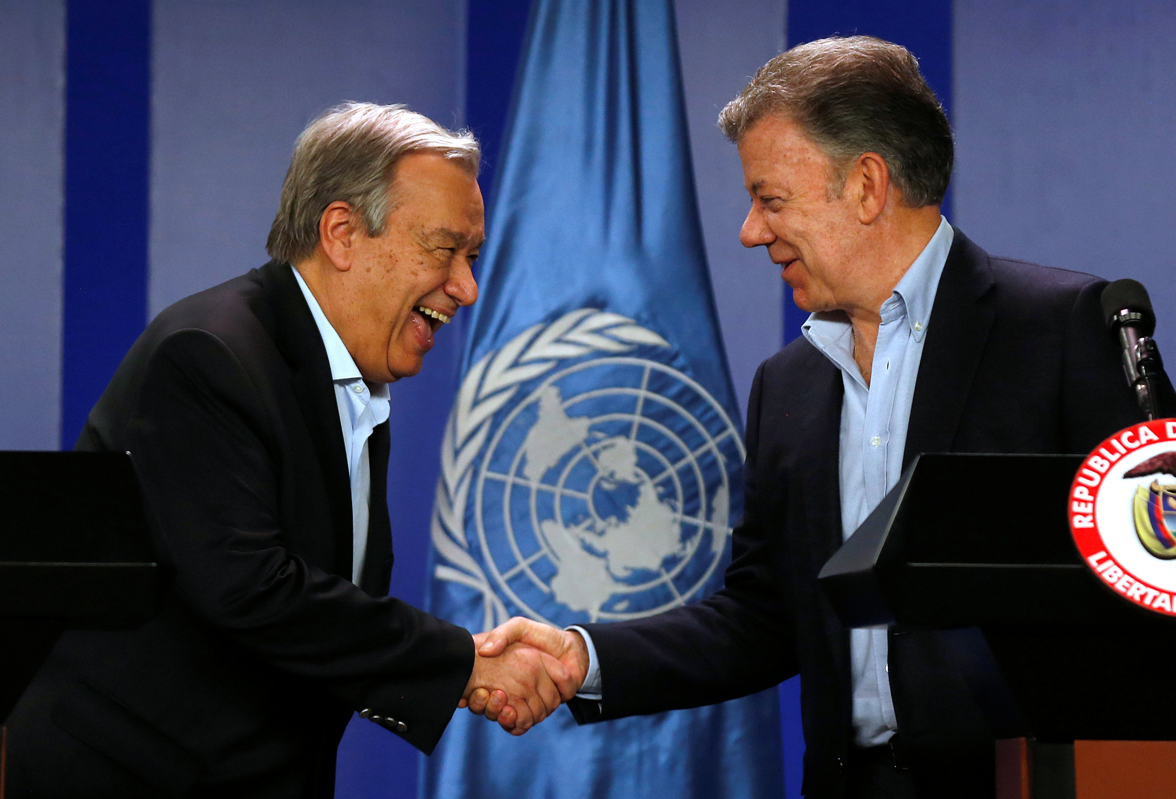 Colombia's President Juan Manuel Santos and UN Secretary General Antonio Guterres during a joint news conference in Bogota, Colombia. last year.