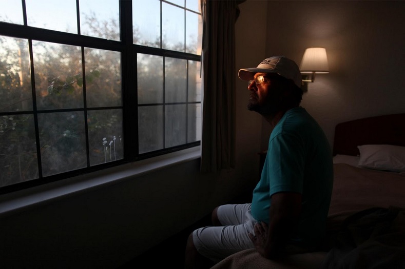 Sergio Diaz, 54, lost his house in Puerto Rico when Hurricane Maria hit the island. He now lives in a hotel room which provides a temporary housing for displaced Puerto Ricans.