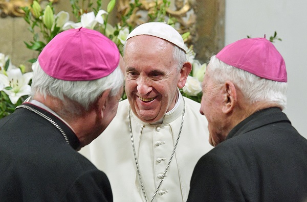 Pope Francis meets with bishops in the Cathedral of Santiago, Chile.