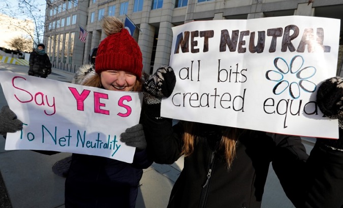 Net neutrality advocates rally against repealing so-called net neutrality rules in Washington, U.S..