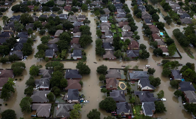 Houses submerged in floodwaters caused by Tropical Storm Harvey in Houston, Texas, August 2017.