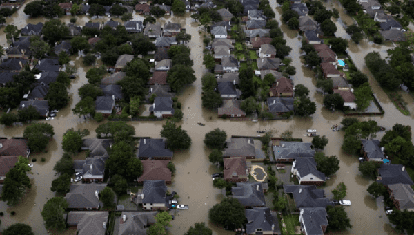 Houses submerged in floodwaters caused by Tropical Storm Harvey in Houston, Texas, August 2017. 