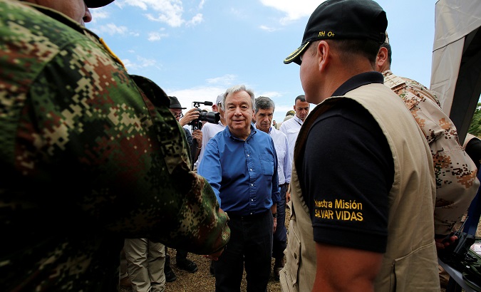 U.N. Secretary General Antonio Guterres visits reinsertion centres of former FARC rebels on Jan. 14.