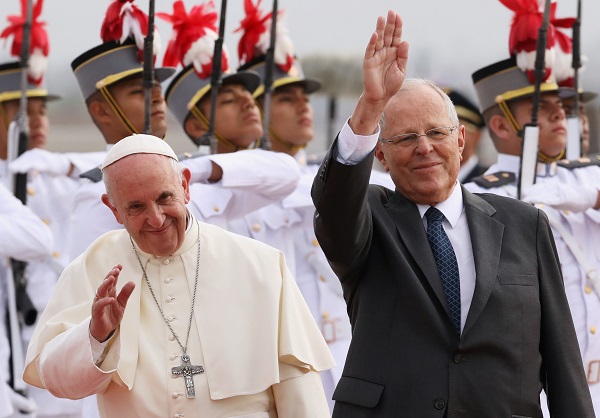 Pope Francis and Peruvian President Pedro Pablo Kuczynski in front of an honor guard in Lima, Peru, January 18.