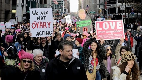 People take part in the second annual Women's March in Manhattan in New York City, January 20.