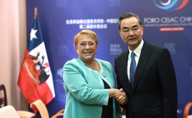 Chile's president Michelle Bachelet and China's Foreign Minister Wang Yi meet at China and the Community of Latin American and Caribbean States (CELAC) Forum, in Santiago, Chile January 22, 2018.