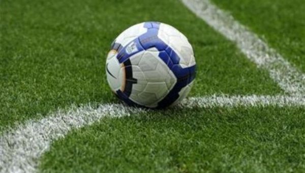  A soccer ball is rests on the pitch.