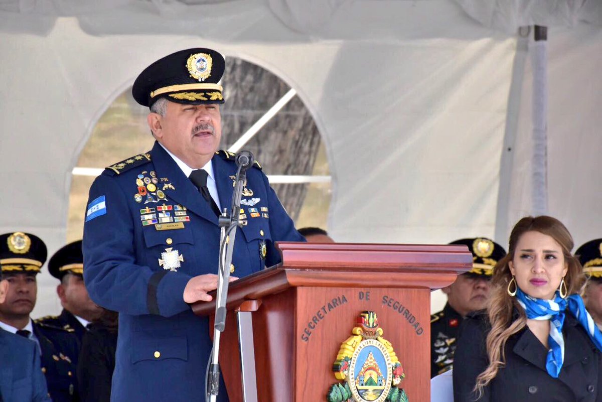 In this Jan. 15, 2018 photo, Honduras' new national Police Chief Jose David Aguilar Moran speaks at a ceremony that transferred command of the police force to him in Tegucigalpa, Honduras.