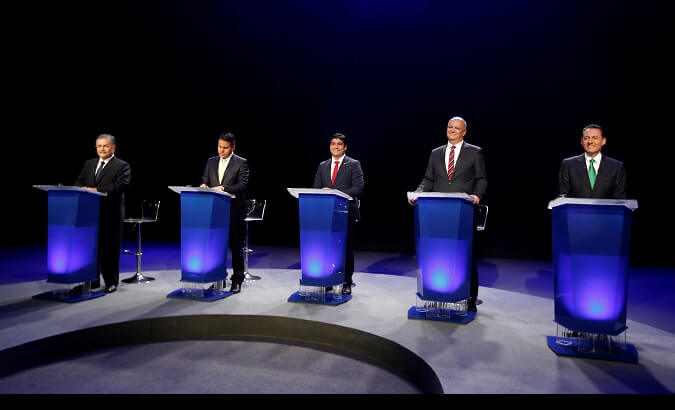 Presidential debate on Jan. 30. From right to left: Antonio Alvarez Desanti, Rodolfo Piza, Carlos Alvarado, Fabricio Alvarado, and Juan Diego Castro.