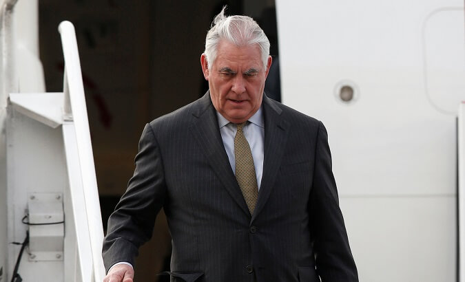 U.S. Secretary of State Rex Tillerson arrives to the presidential hangar in Mexico City.