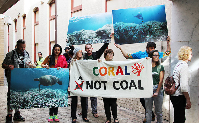 Coral not coal protest at India Finance Minister Arun Jaitley Visit to Australia. April 1, 2016.