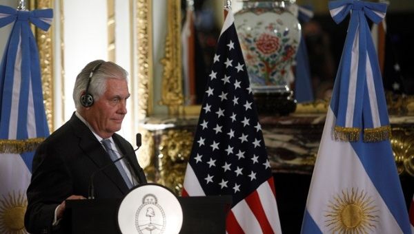 U.S. Secretary of State Rex Tillerson is seen during a joint news conference at San Martin Palace in Buenos Aires, Argentina February 4, 2018